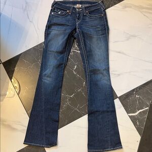 True Religion Classic Blue Women's flare Jeans, contrasting white stitch